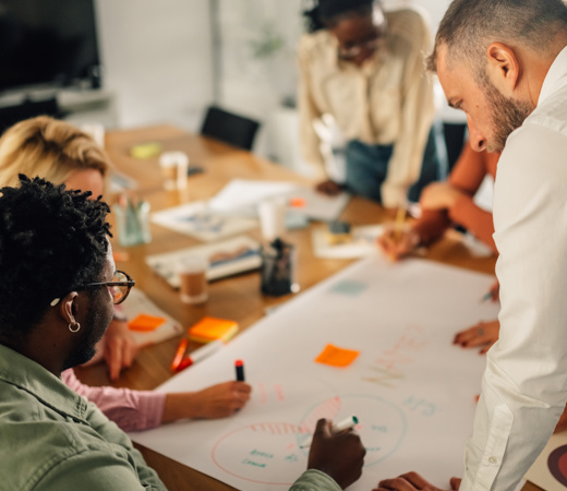 A group of five people working on optimizing their project
